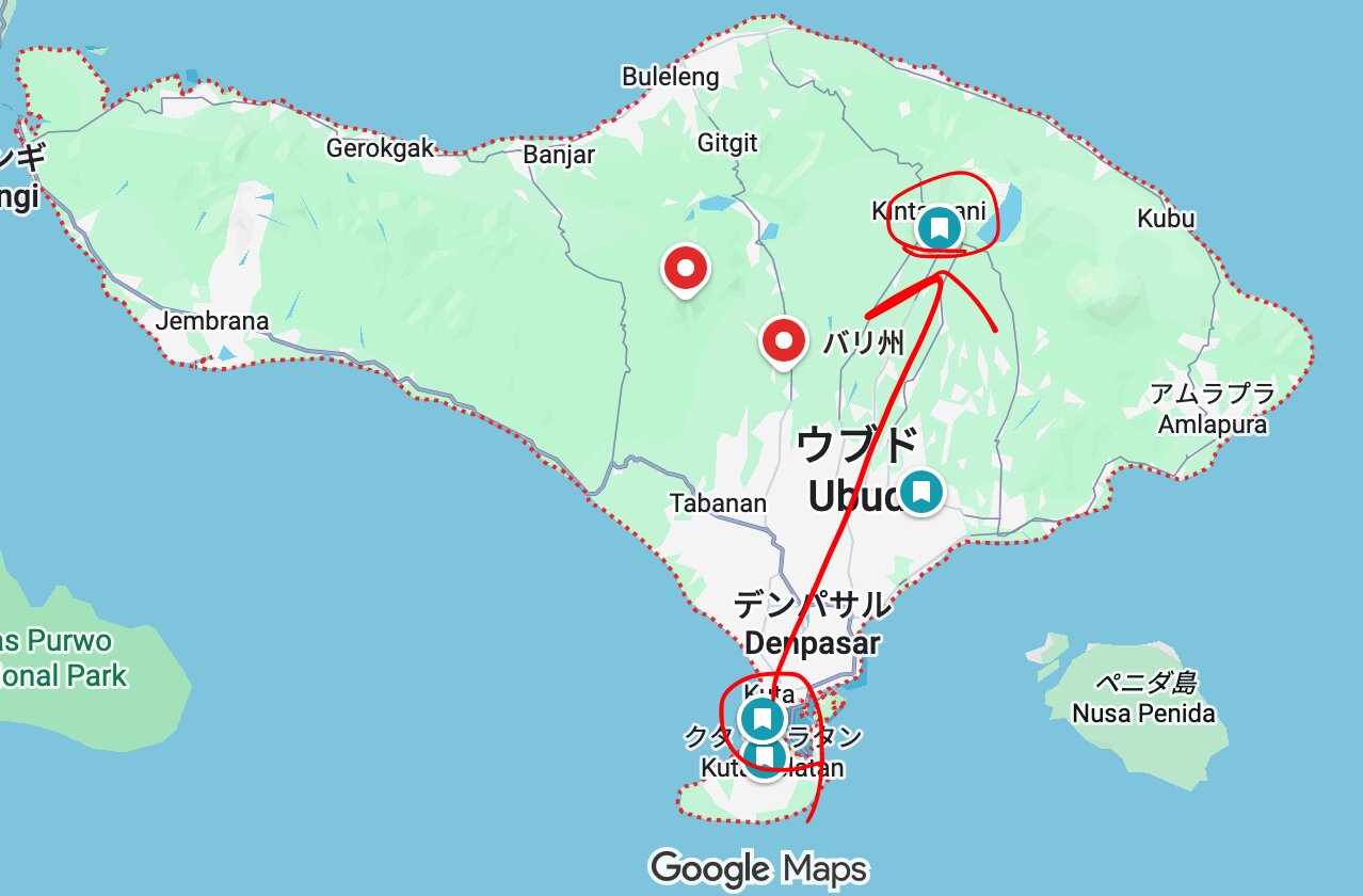 空港から北部のキンタマーニまでの道のりを示したバリ島の地図
